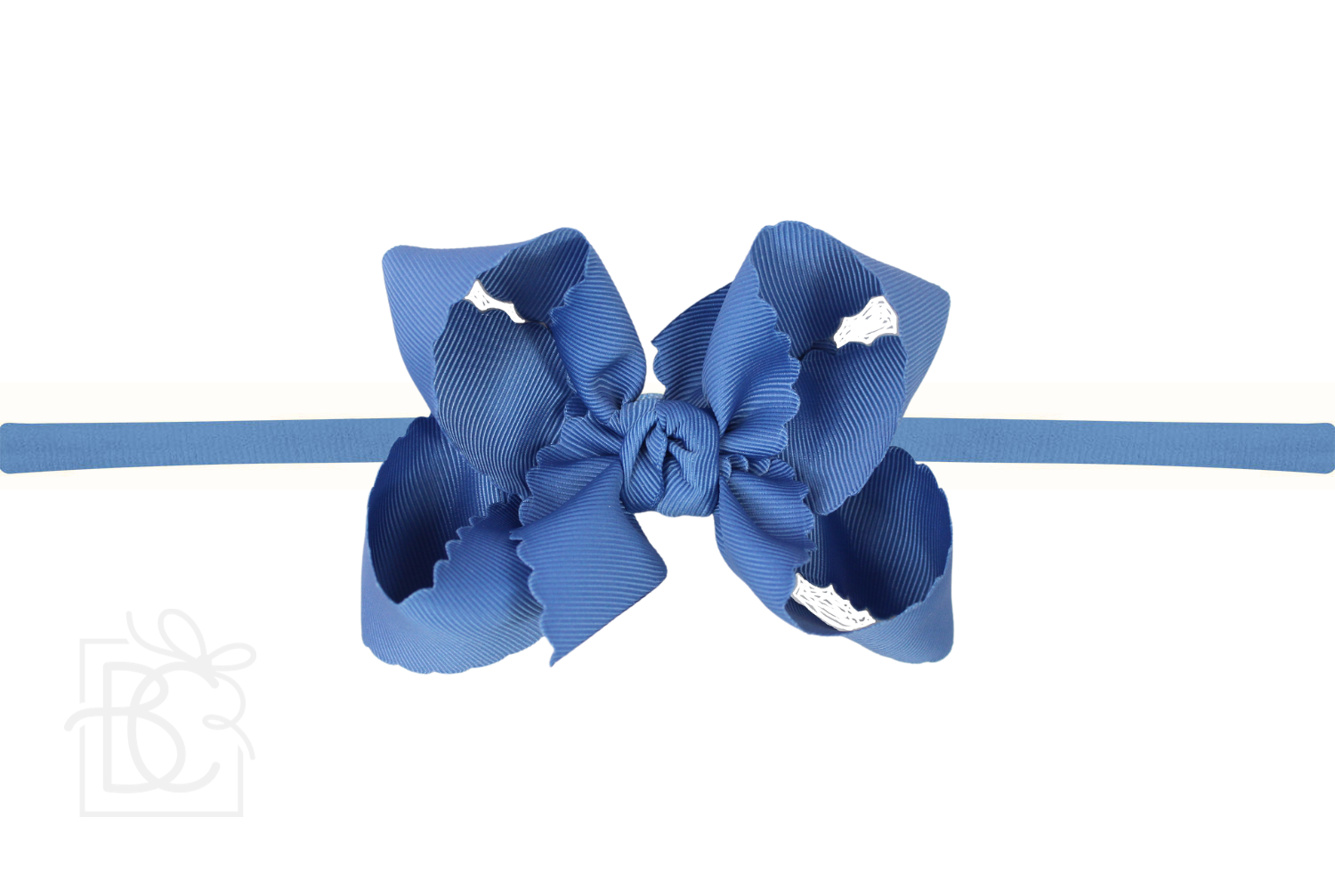 Smokey Blue Scalloped Edge Thin Pantyhose Headband- 3.5" Medium Bow by Beyond Creations